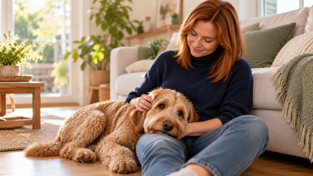 Halterin sitzt auf dem Wohnzimmerboden, ihr apricotfarbener Labradoodle liegt neben ihr und hat den Kopf auf ihren Schoß gelegt