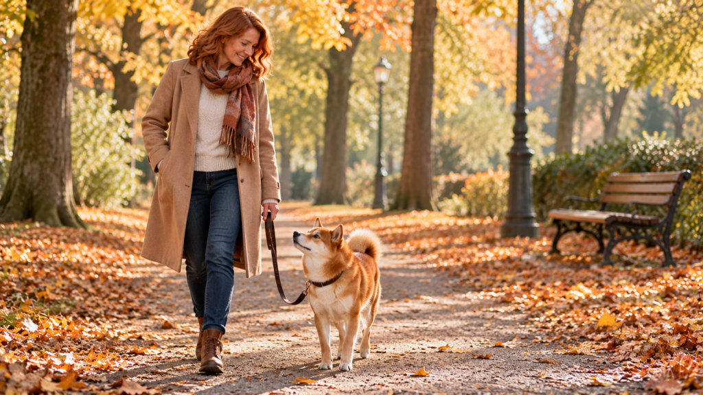 Halterin geht entspannt mit ihrem Shiba Inu an locker hängender Leine durch einen herbstlichen Park