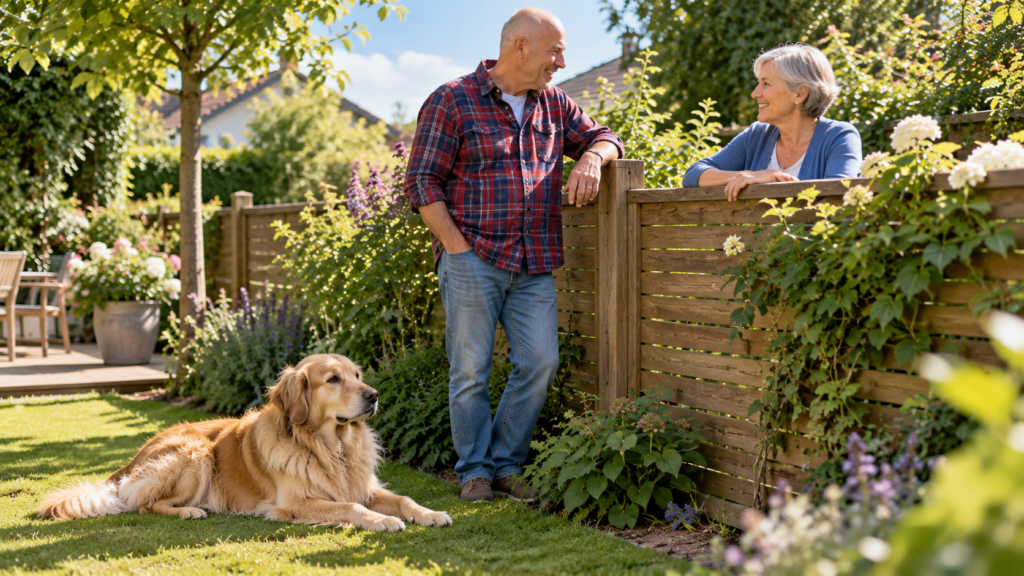 Halter unterhält sich freundlich mit seiner Nachbarin über den Gartenzaun, sein blonder Hund liegt entspannt im Gras