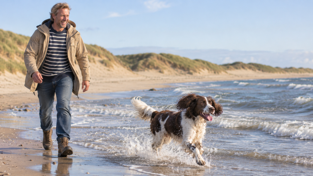 Leberbraun-weißer Springer Spaniel rennt mit glänzendem Fell durch die Wellen am Nordseestrand, sein Halter schaut lachend zu