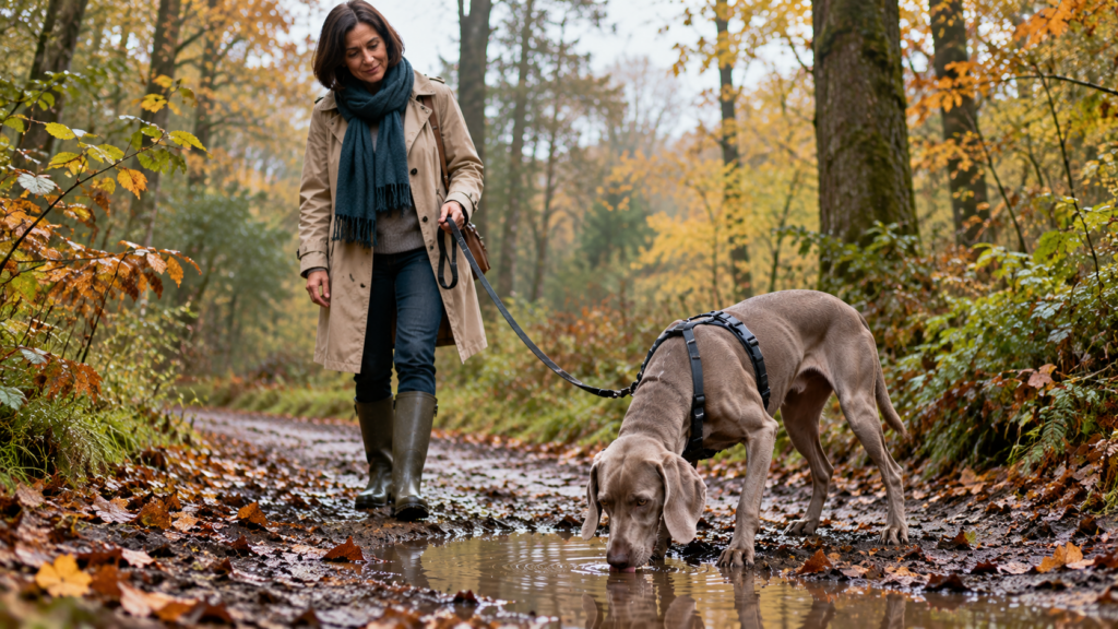 Grauer Weimaraner trinkt auf dem Waldweg aus einer Pfütze, die Halterin schaut aufmerksam zu