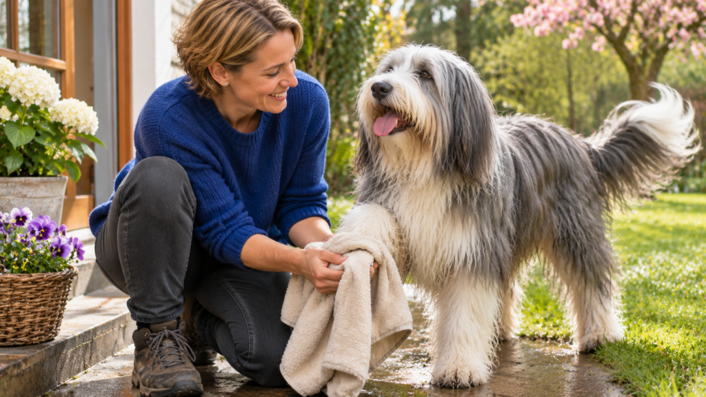 Grau-weißer Bearded Collie wedelt im Garten, seine Halterin trocknet ihm nach dem Spaziergang die Pfoten ab