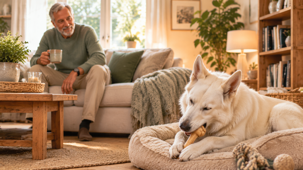 Weißer Schäferhund kaut entspannt an einem Knochen, der Halter sitzt mit einer Tasse auf dem Sofa und schaut ihm lächelnd zu