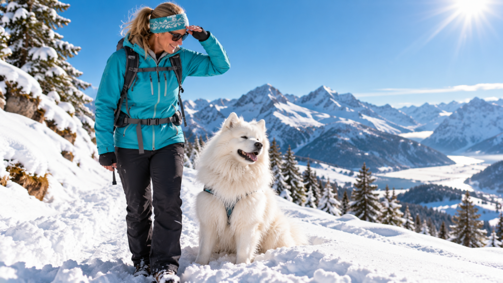 Weißer Samojede sitzt im gleißenden Schnee und blinzelt, die Halterin schirmt mit der Hand ihre Augen ab