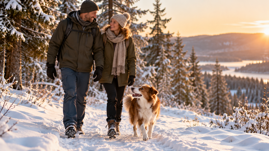 Paar wandert bei Sonnenuntergang durch den Schnee, ihr rot-weißer Border-Collie-Mischling läuft fröhlich neben ihnen