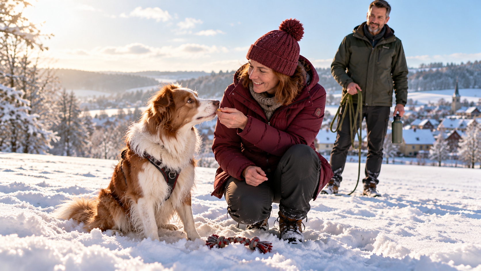 Halterin belohnt ihren rot-weißen Border-Collie-Mischling auf der Schneewiese, als er sich vom Schnee abwendet, der Halter hält Schleppleine und Wasserflasche