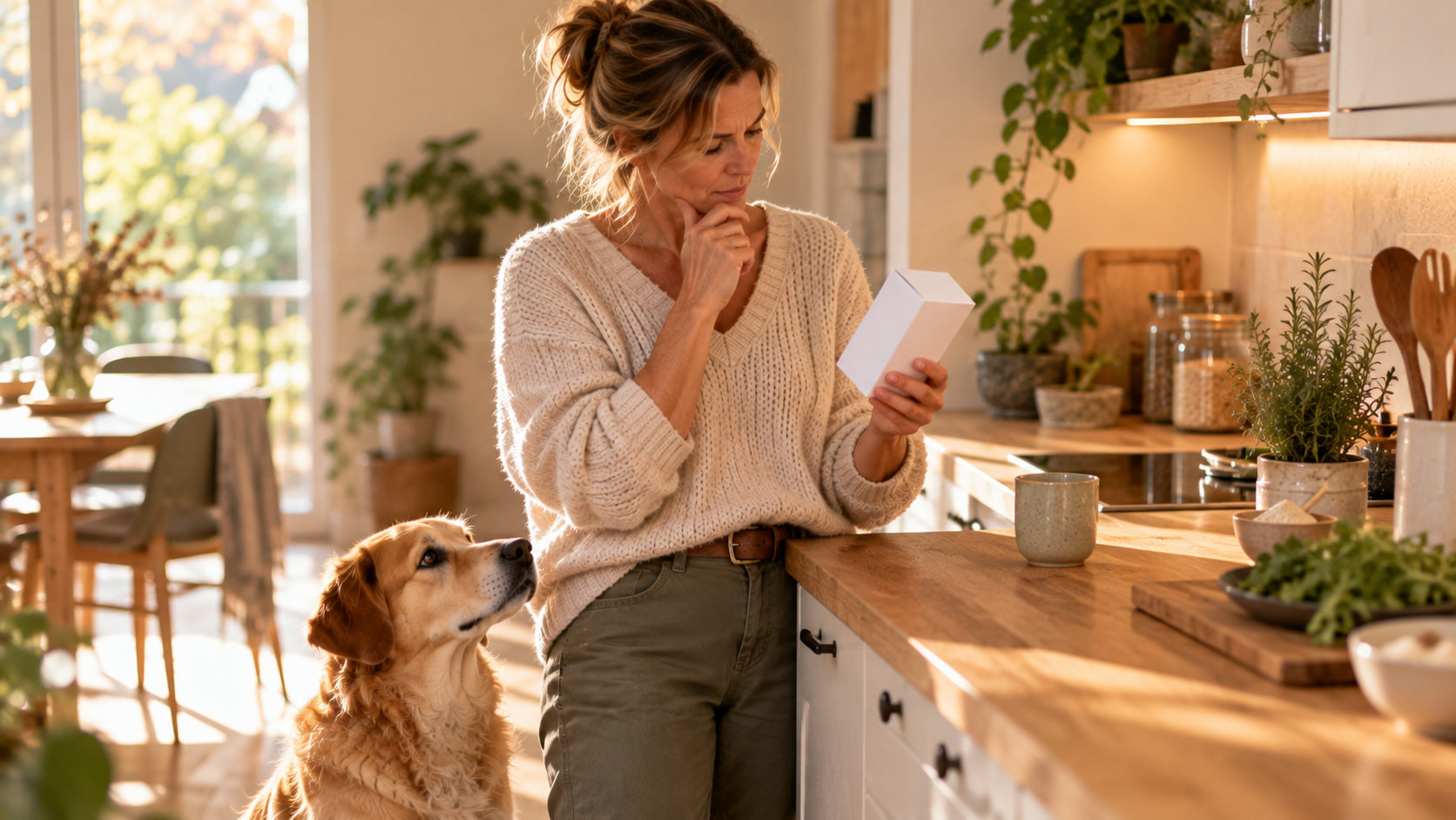 Halterin betrachtet nachdenklich eine Medikamentenschachtel, ihr Hund sitzt neben ihr und schaut zu ihr hoch