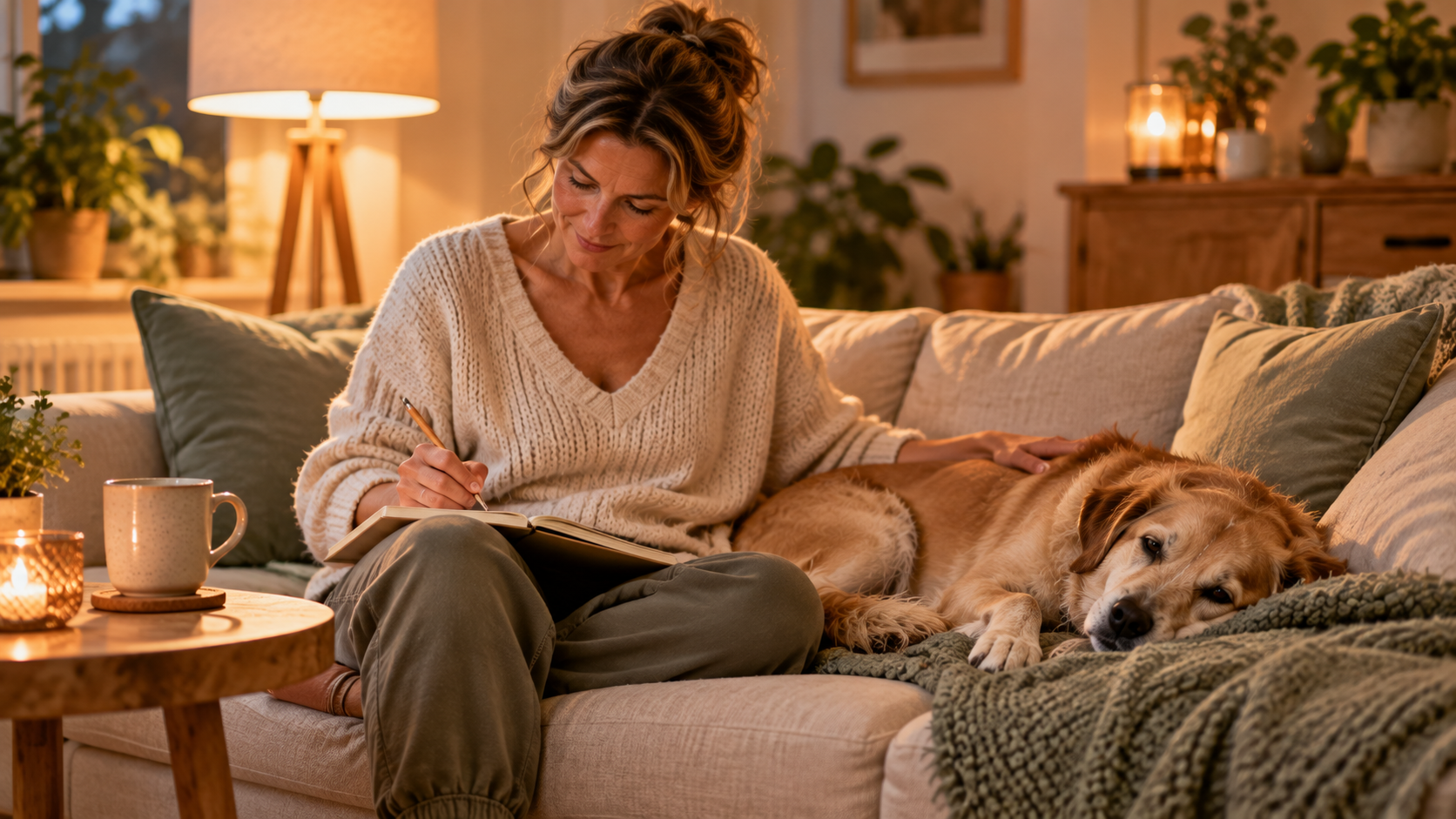 Halterin notiert abends auf dem Sofa, was ihr an ihrem Hund auffällt, der Hund liegt neben ihr