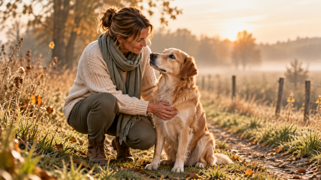 SIBO beim Hund: Halterin hockt am Morgen auf einem Wiesenweg neben ihrem ruhig sitzenden Hund