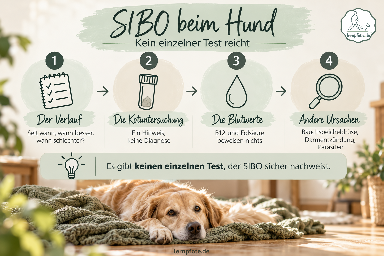 Infografik: SIBO beim Hund lässt sich nicht mit einem einzelnen Test nachweisen, Verlauf, Kotuntersuchung, Blutwerte und Ausschluss anderer Ursachen gehören zusammen