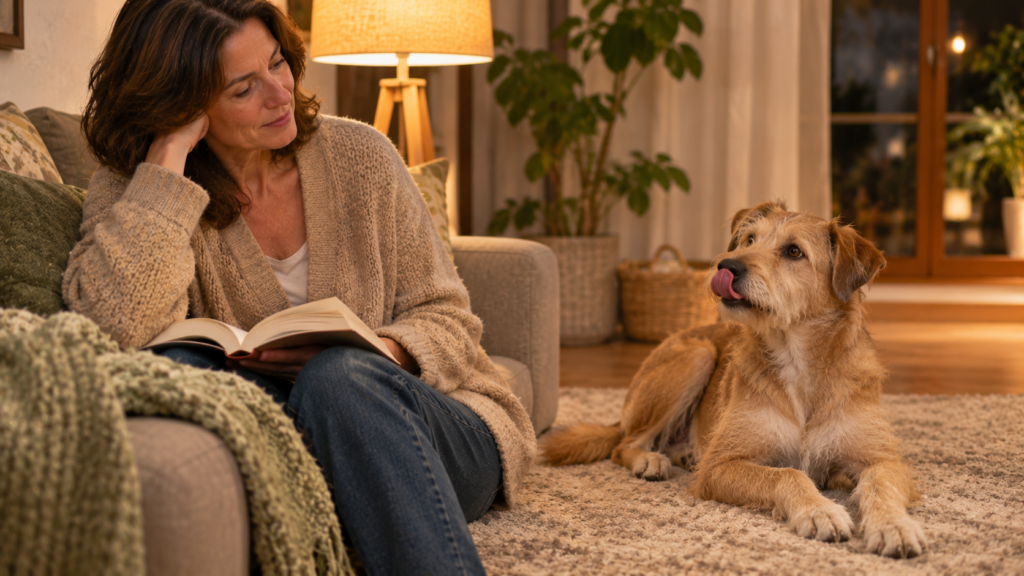 Hellbrauner Mischlingshund liegt abends auf dem Teppich und leckt sich über die Lefzen, seine Halterin schaut vom Sofa aus zu