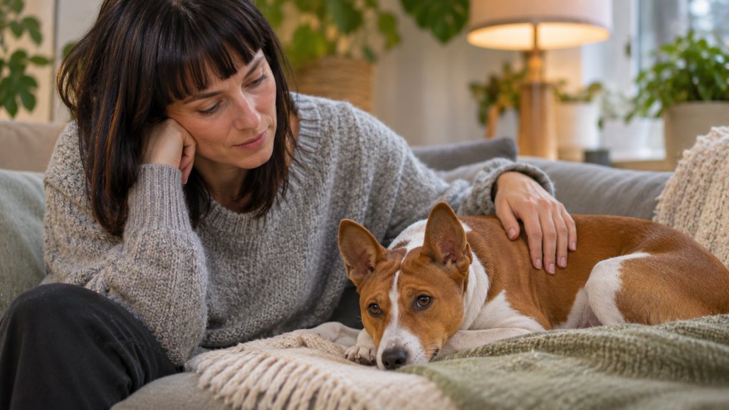 Weiß-brauner Basenji liegt etwas matt auf dem Sofa, seine Halterin sitzt daneben und legt ihm aufmerksam die Hand auf den Rücken