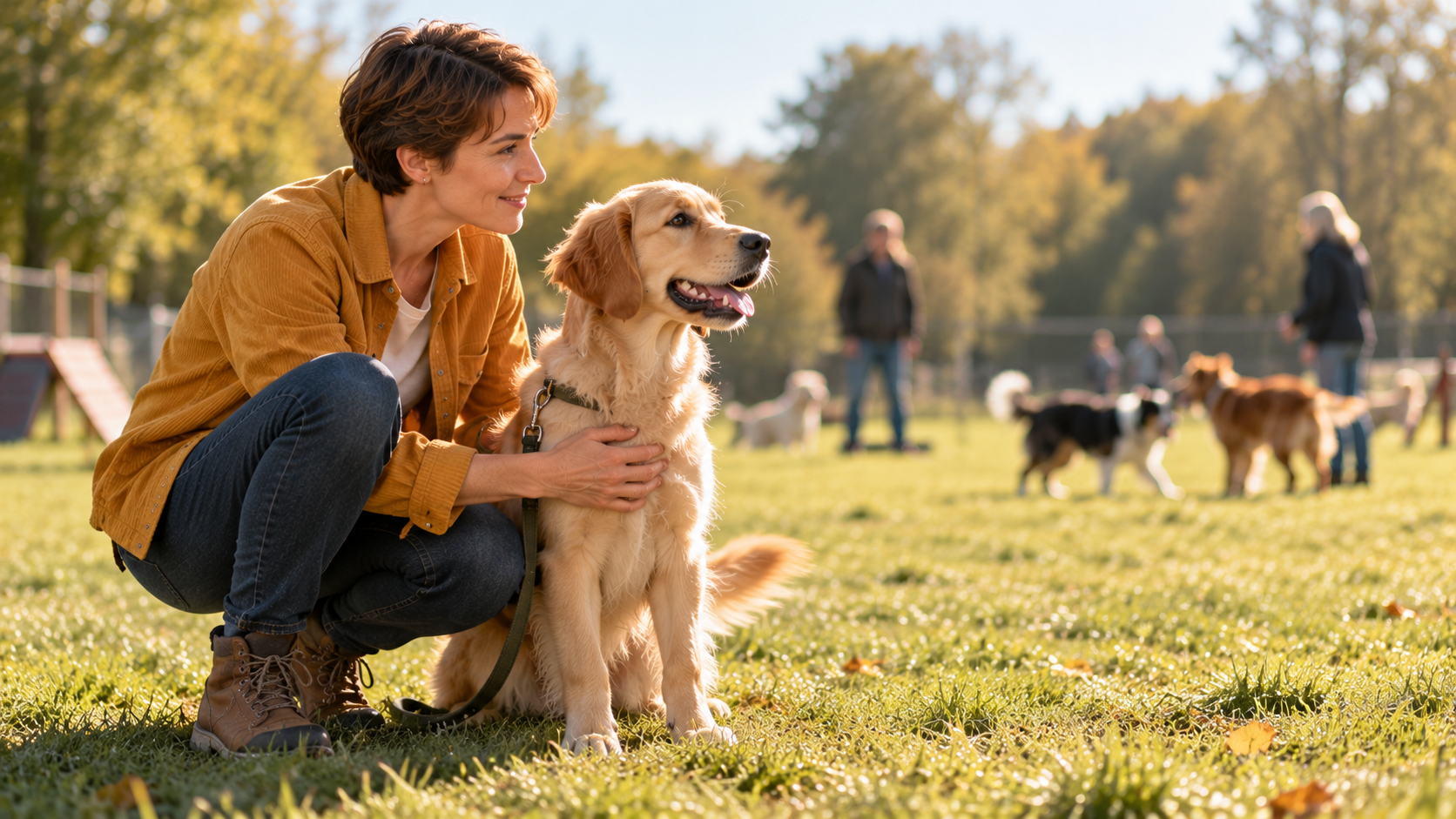 Stress beim Hund durch Aufregung: Junger Golden Retriever sitzt aufgeregt auf einem Übungsplatz und schaut zu anderen Hunden in der Ferne, seine Halterin hockt neben ihm und legt ihm die Hand auf die Brust