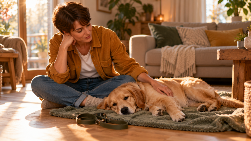 Halterin sitzt im Wohnzimmer auf dem Boden neben ihrem jungen Golden Retriever, der müde auf seiner Decke liegt, und legt ihm die Hand auf die Seite