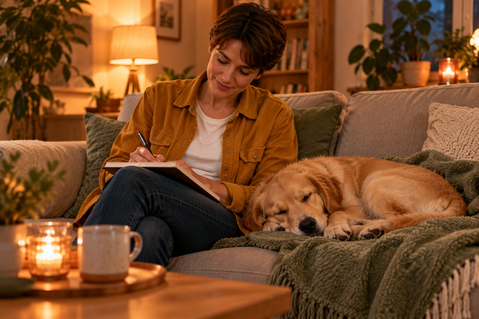 Halterin sitzt abends auf dem Sofa und schreibt etwas in ein kleines Notizbuch, ihr junger Golden Retriever schläft zusammengerollt neben ihr