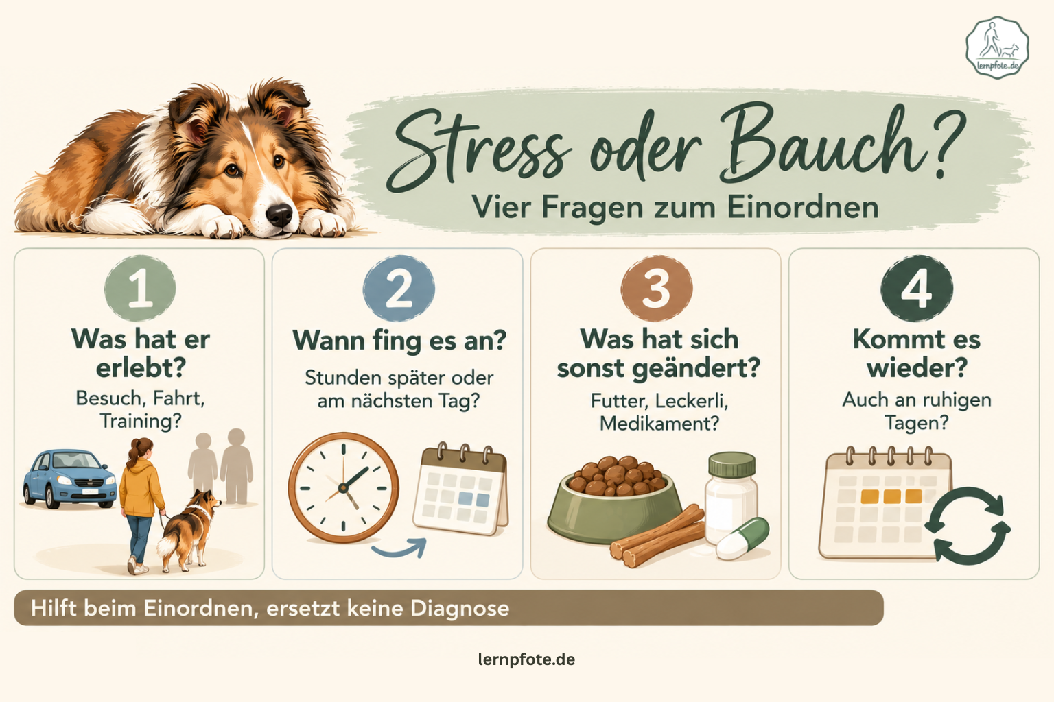 Infografik mit vier Fragen: Was hat er erlebt, etwa Besuch, Fahrt oder Training? Wann fing es an, Stunden später oder am nächsten Tag? Was hat sich sonst geändert, Futter, Leckerli oder ein Medikament? Kommt es wieder, auch an ruhigen Tagen?