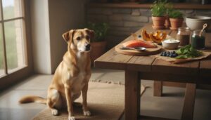 Hund sitzt neben Tisch mit Superfoods für Hunde wie Lachs, Kürbis, Blaubeeren und Spinat“ Blogbeitrag von Lernpfote e. V.