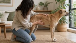 Untergewicht beim Hund: Halterin ertastet die Rippen ihres zu dünnen Hundes zum Blogbeitrag Untergewicht beim Hund von Lernpfote e. V.