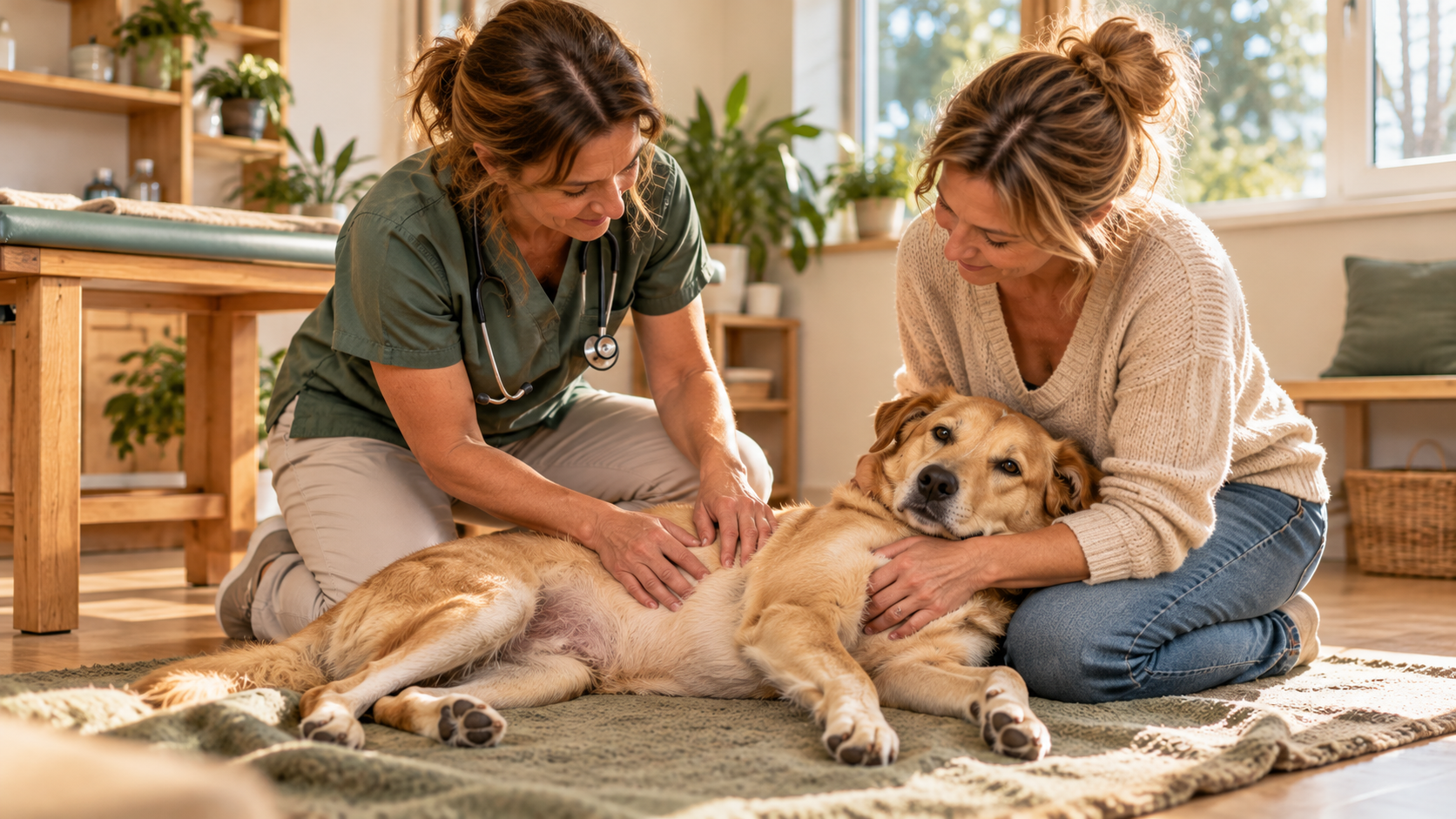 Tierärztin tastet behutsam den Bauch eines Hundes ab, die Halterin hält ihn im Arm