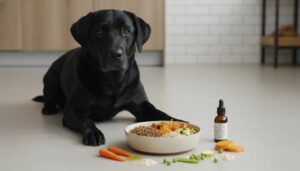 Schwarzer Labrador liegt vor einer Schüssel mit pflanzlichem Futter aus Linsen, Gemüse und Süßkartoffel – vegane Hundeernährung mit Nahrungsergänzung von Lernpfote e. V.