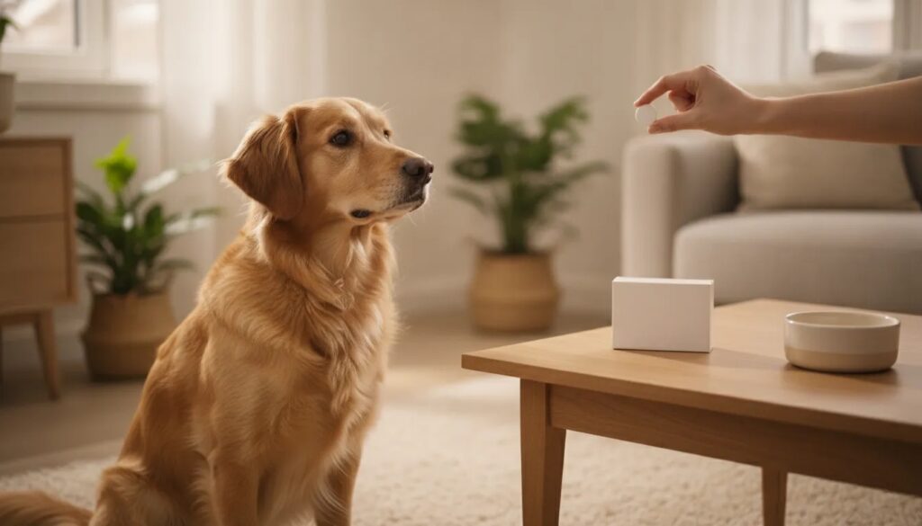 Hund sitzt aufmerksam vor seiner Halterin, die ihm eine Wurmkur-Tablette hinhält aus Blogbeitrag "Wurmkur beim Hund" von Lernpfote e. V.