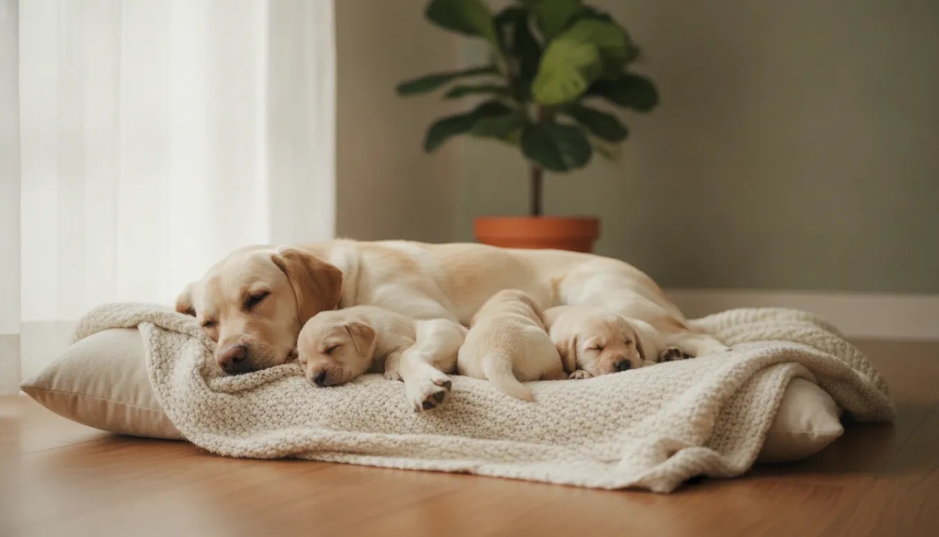 Labradorhündin liegt mit drei Welpen auf einer Decke, Welpen werden ab der zweiten Lebenswoche entwurmt
