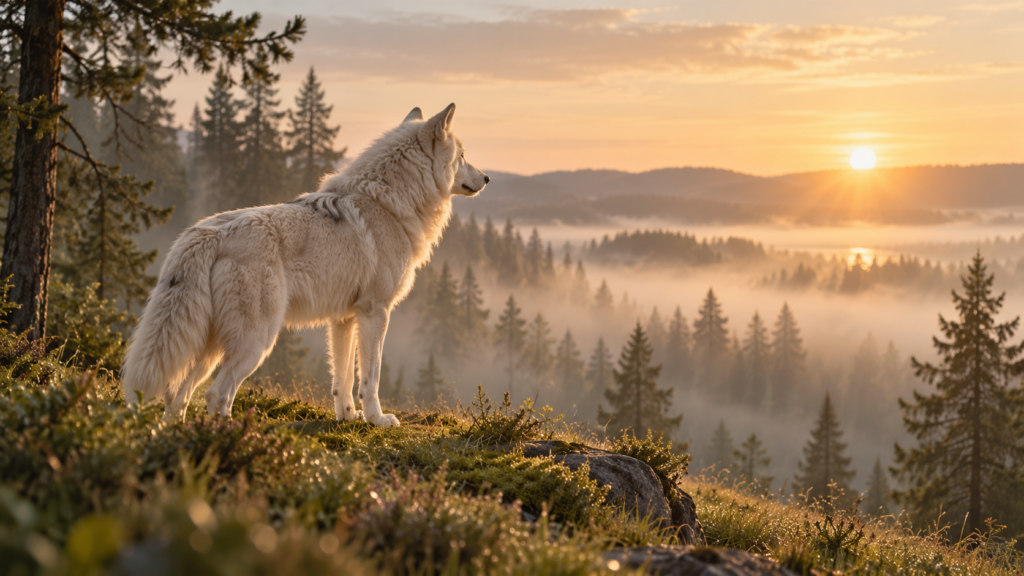 Weißer Wolf steht ruhig am Rand einer nebligen Waldlichtung im Morgenlicht