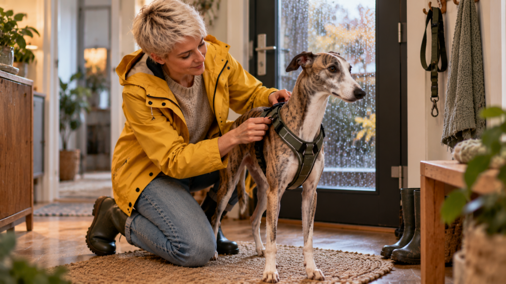 Junge Halterin legt ihrem gestromten Whippet im Flur ein weiches Geschirr an, draußen regnet es